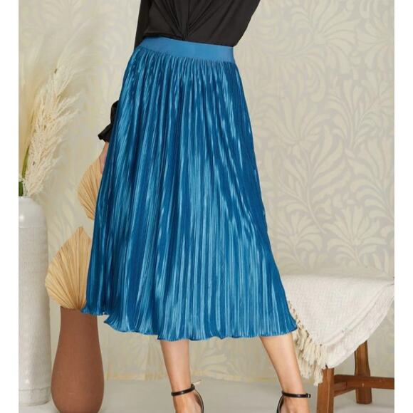 Teal Satin Pleated Midi Skirt Elastic Waist Skirt - Picture 4 of 6